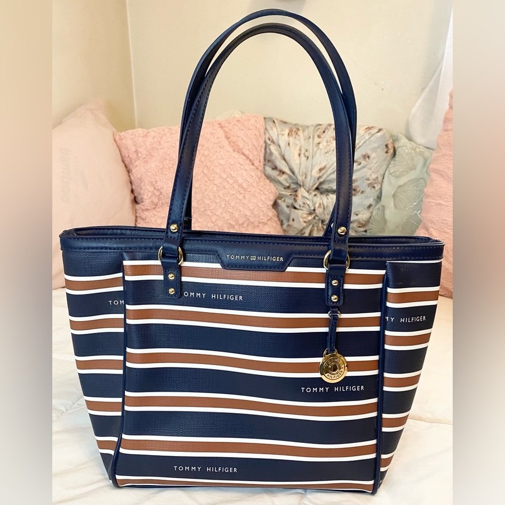 Tommy Hilfiger Red, White, and Blue Striped Tote Purse - Picture 2 of 10